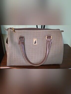 London Fog Brown Houndstooth Satchel Handbag - Leather Trim